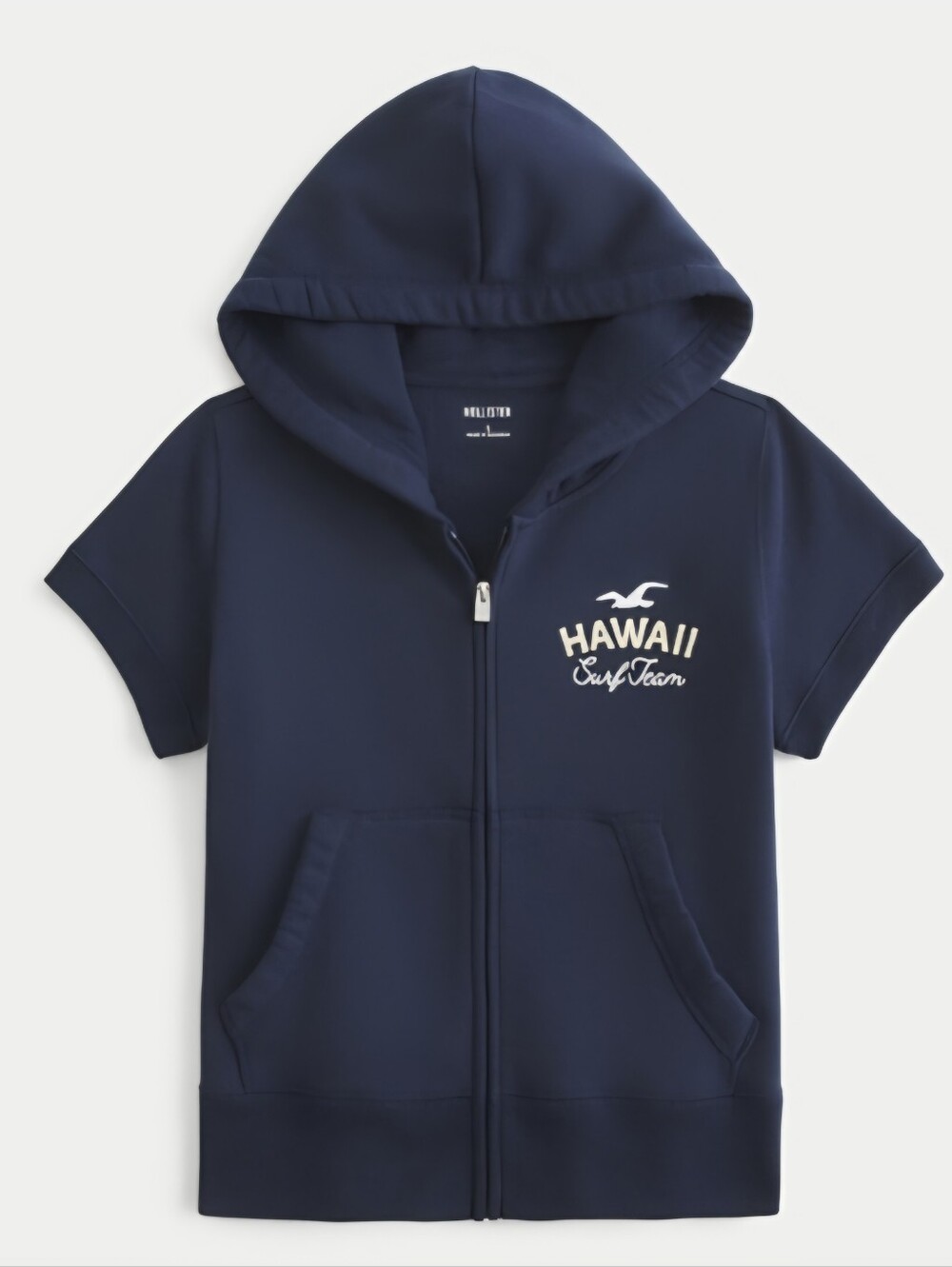 Hollister Short-Sleeve Zip-Up Logo Graphic Hoodie NAVY BLUE, MEDIUM